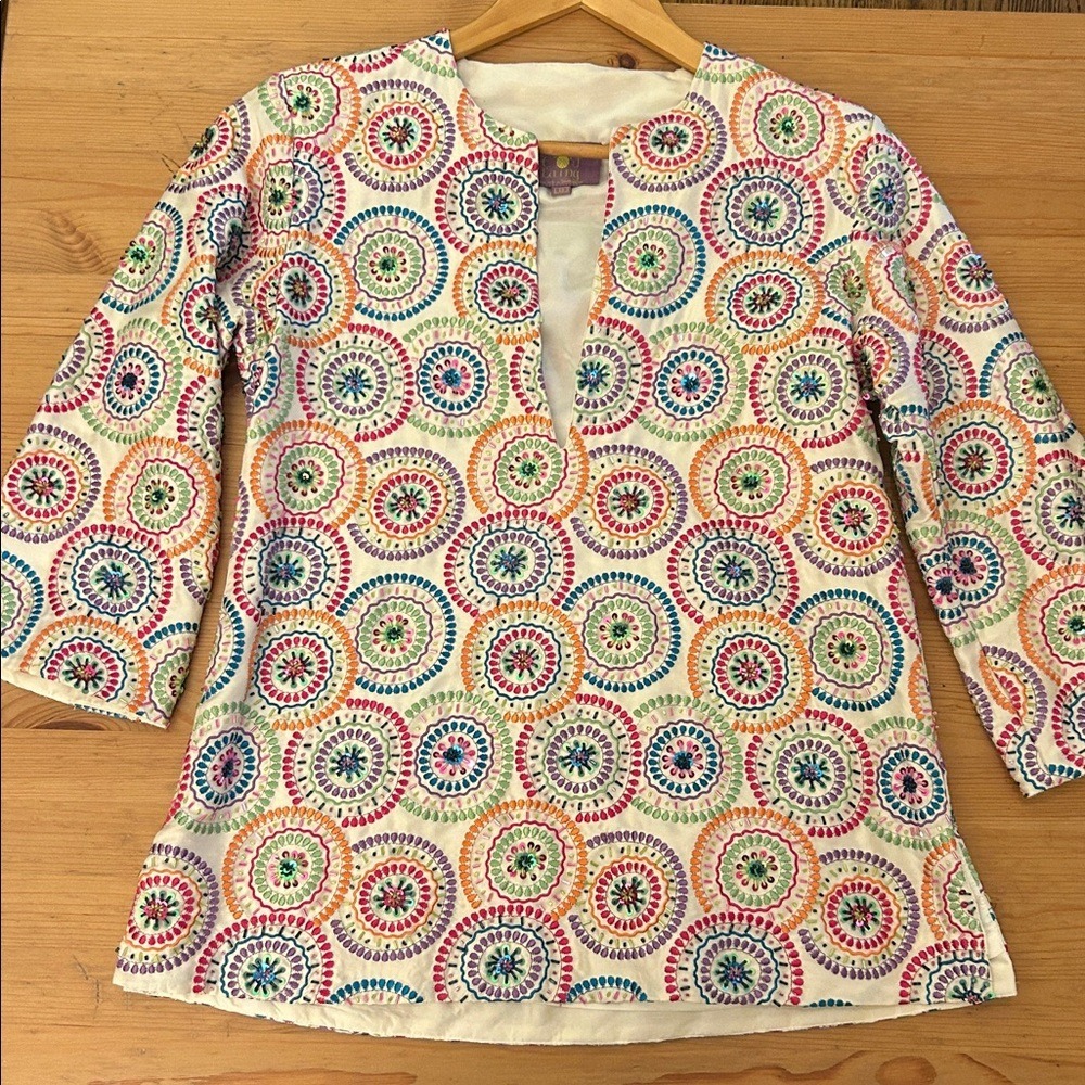 CJ Laing Sm Women's Sequin Silk Top Designer Sparkle Event Maximalist Palm Bch - Picture 2 of 15